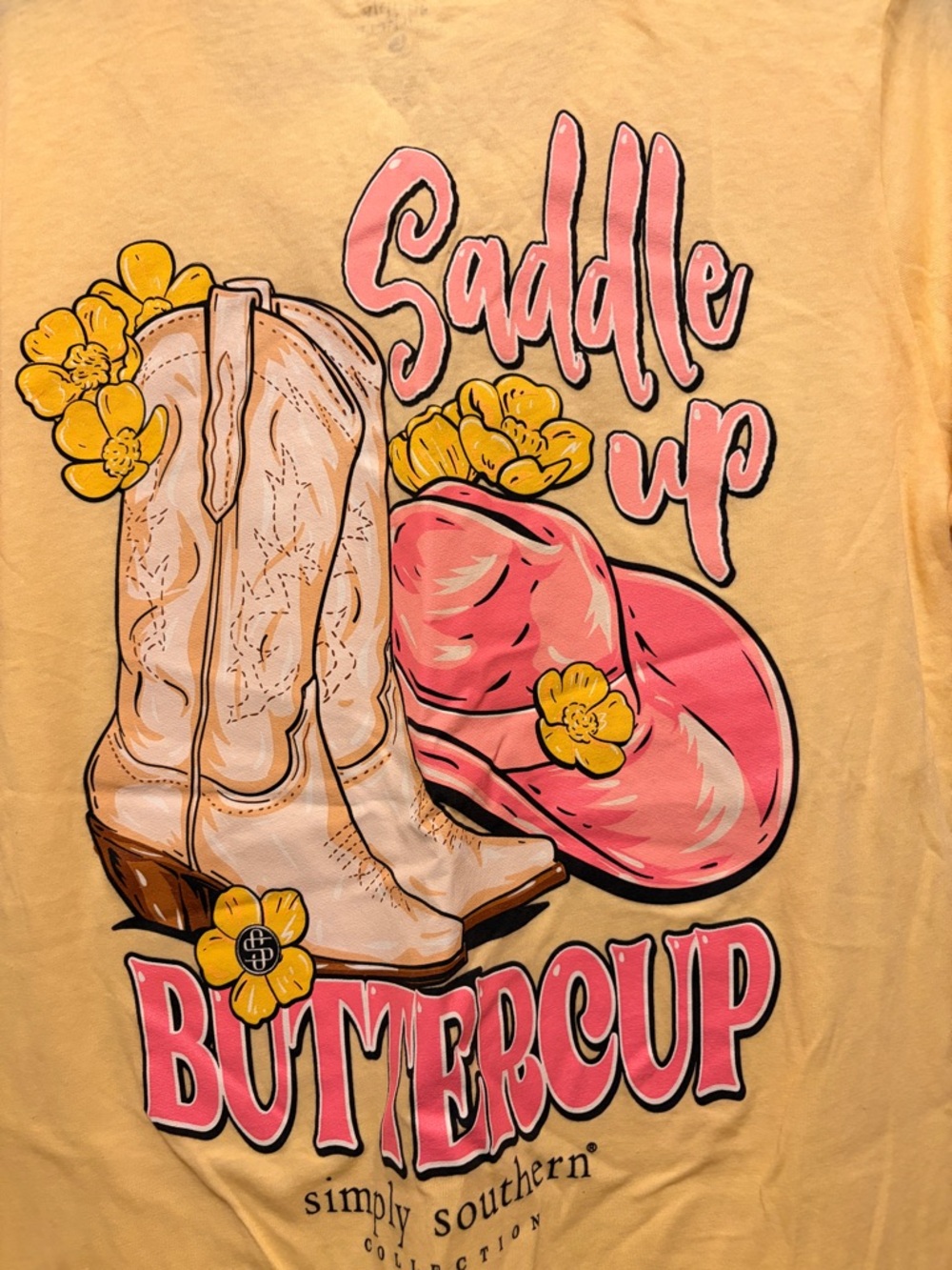 Simply Southern Yellow Graphic Tee with Pink Cowboy Hat & Boots